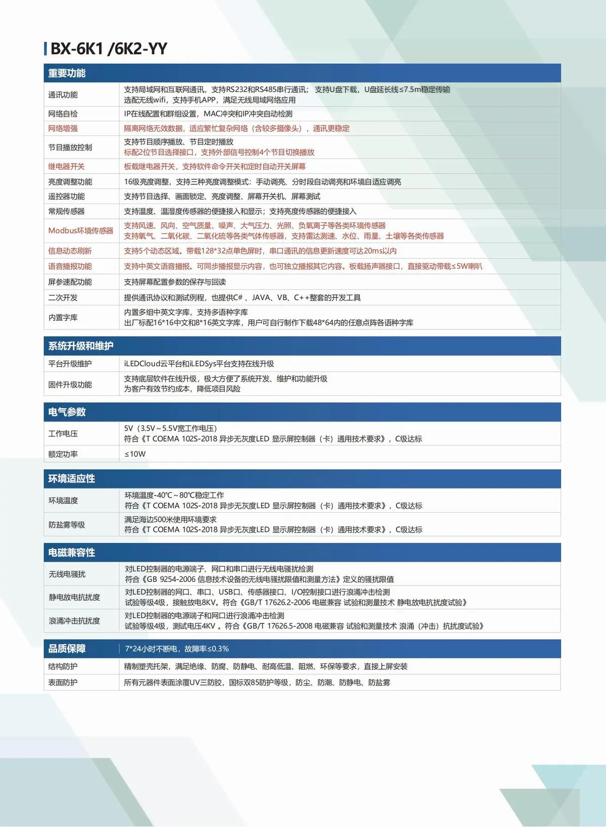 BX仰邦六代三基色产品线，通用控制器 X-6E/6M/6A系列，字库/语音控制器BX-6K/6K-YY/6M-YY系列，Modbus控制器BX-6X系列